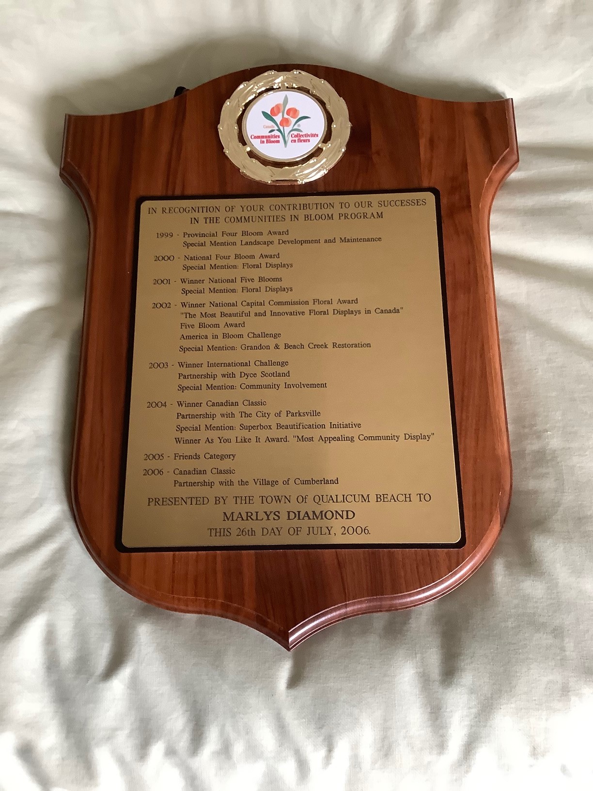 A Communities in Bloom Plaque