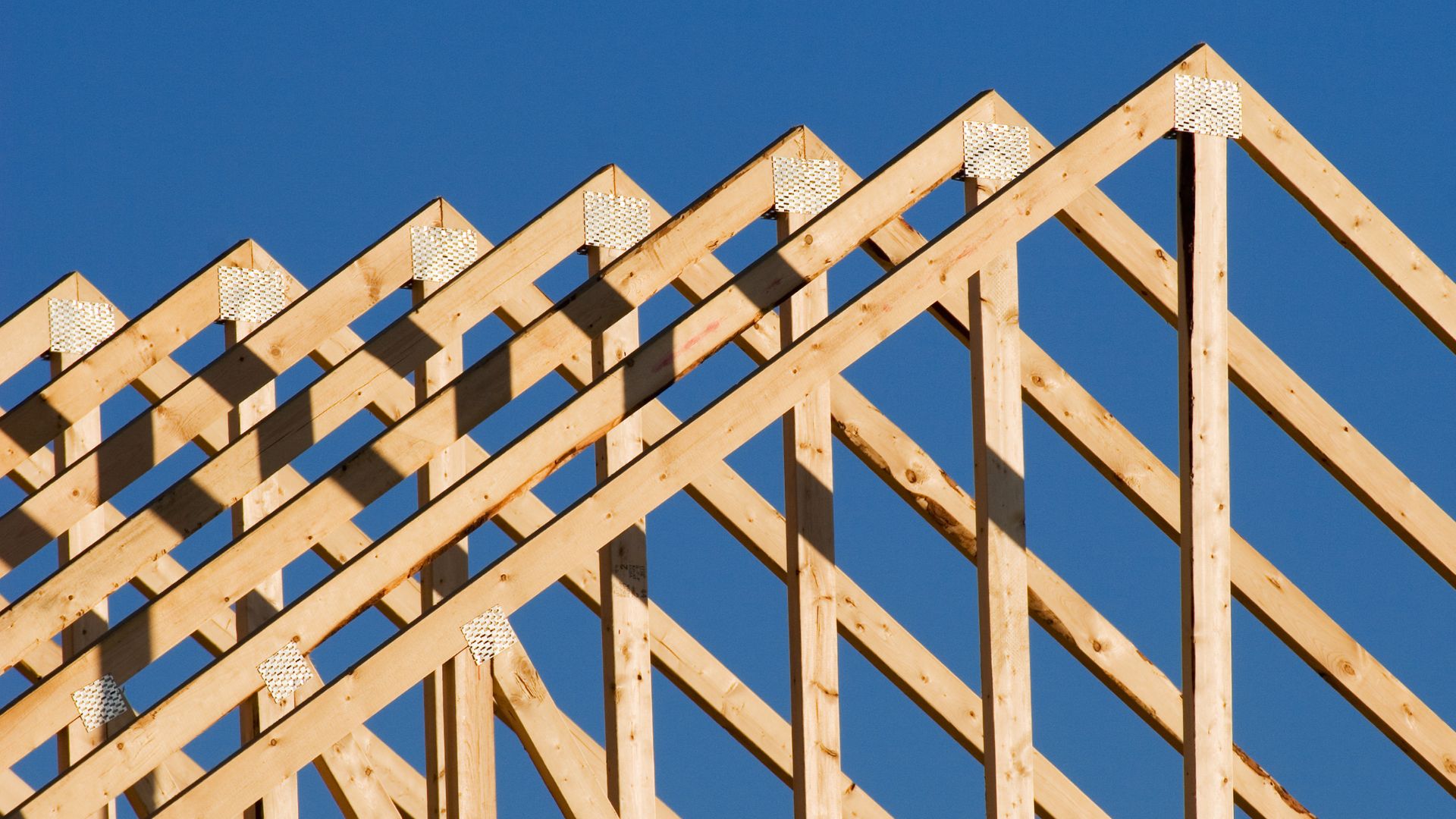 wooden building trusses against a blue sky