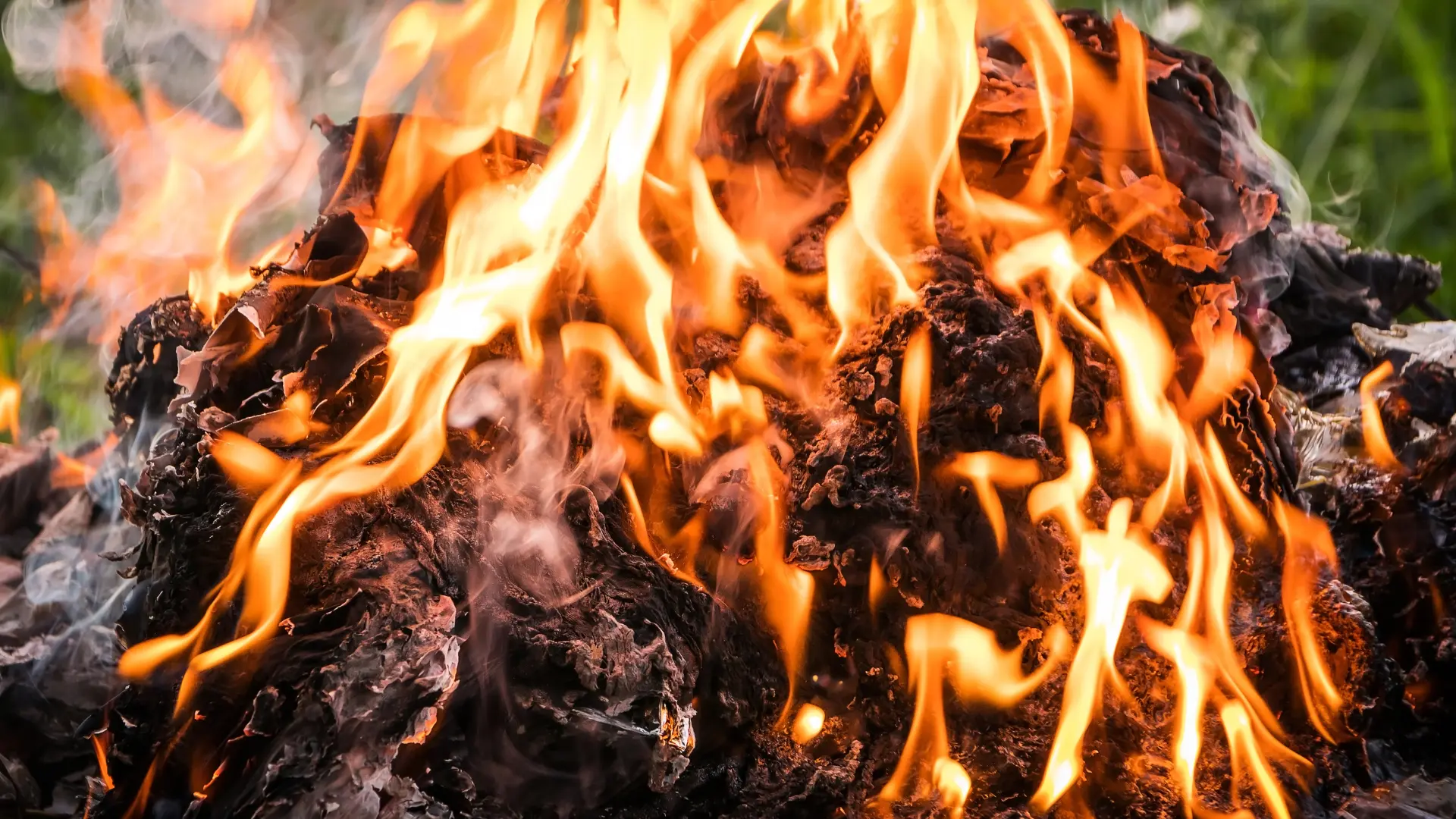 A small fire burning in the grass, with flames and smoke rising.